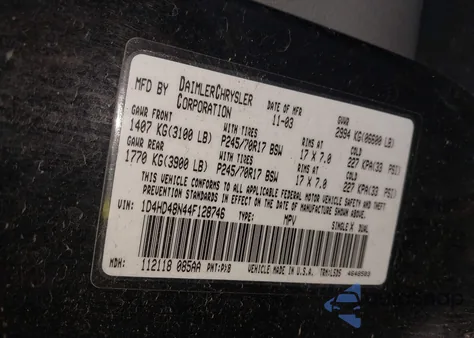 2004 Dodge Durango Slt из США, поврежденный, VIN 1D4HD48N44F128746